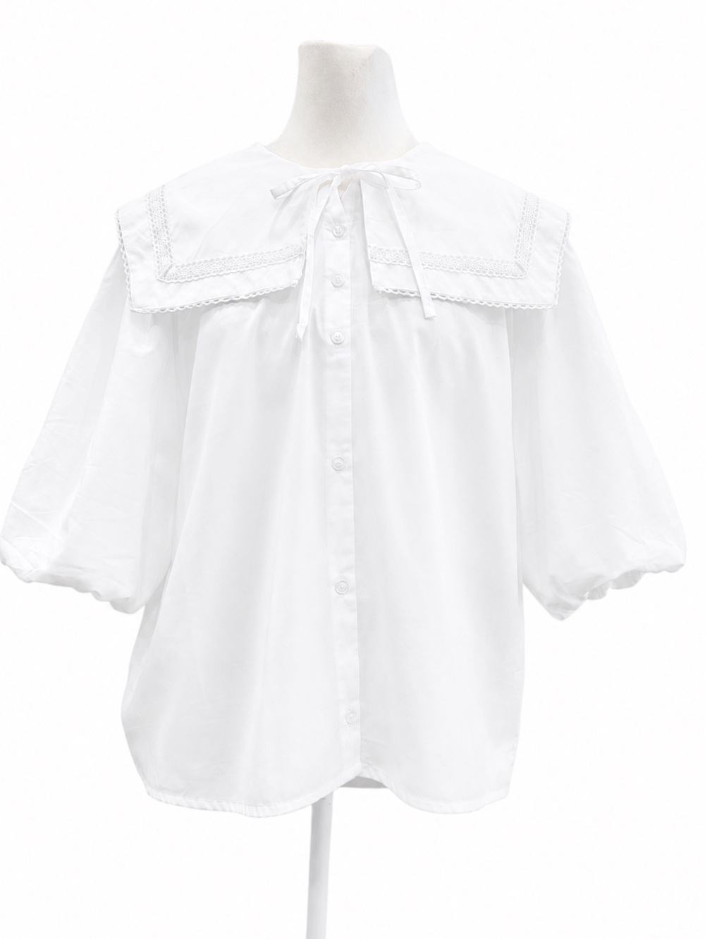 Japanese Cottagecore Sailor Collar Blouse White Lace Balloon Sleeve Top L XL - Picture 4 of 8